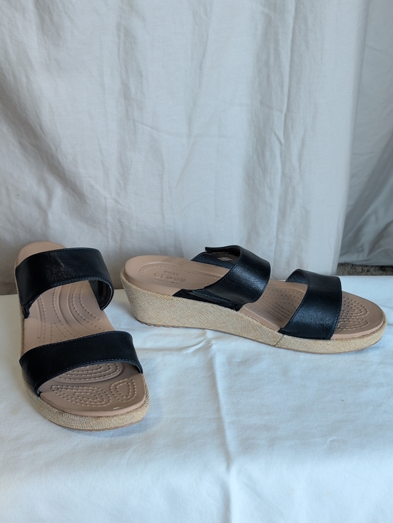 CROCS Shoes - CROCS Black Leather Dual-Strap Slide Sandals with Tan Wedge Resort Boho Wear